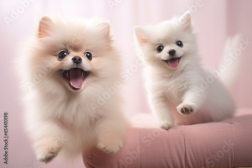 Two Pomaranian puppies coming out of a pink couch