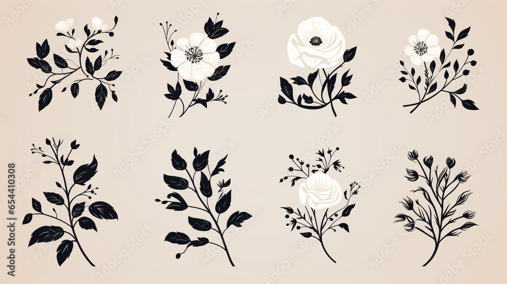 Monochrome Botanical Illustrations, set of elegant botanical illustrations in monochrome, featuring various flowers and leaves with a vintage aesthetic on a neutral background - obrazy, fototapety, plakaty 