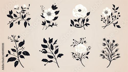 Monochrome Botanical Illustrations, set of elegant botanical illustrations in monochrome, featuring various flowers and leaves with a vintage aesthetic on a neutral background