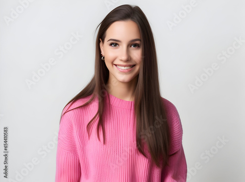 young and beautiful woman in pink warm sweater, natural look, smiling, portrait on , isolated, long hair