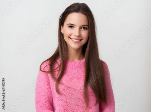 young and beautiful woman in pink warm sweater, natural look, smiling, portrait on , isolated, long hair