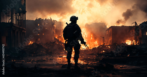 Silhouette of a soldier with a gun in a desolated city on fire after war.