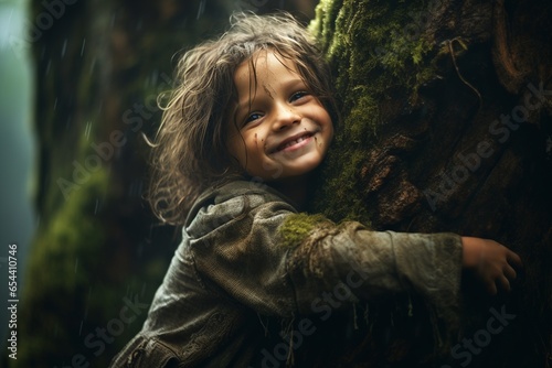 Beautiful little girl smiling and hugging a beautiful tree in the rain