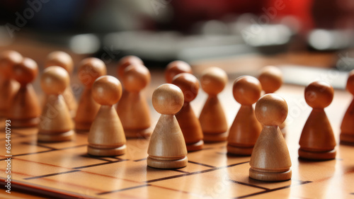 Strategic fun: wooden figures on a wooden board with selective focus