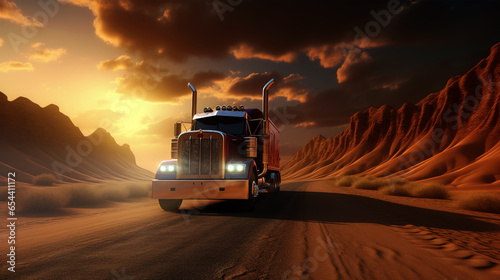 Truck on the road in the desert at sunset.