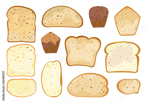 Various types of homemade bread cut into pieces Top view of baked, bakery, healthy food. breakfast products white background vector illustration.