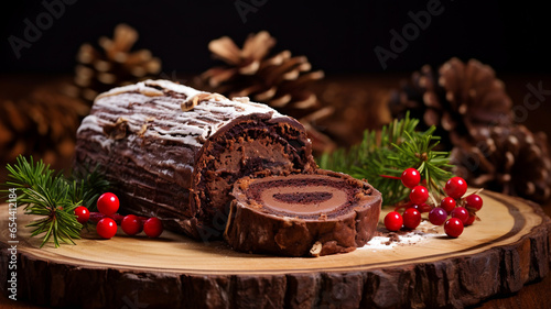 christmas log, traditional christmas cake, buche de noel, chocolate and berries, pastry, decorated with christmas themed elements, family meal and tradition, on a black background