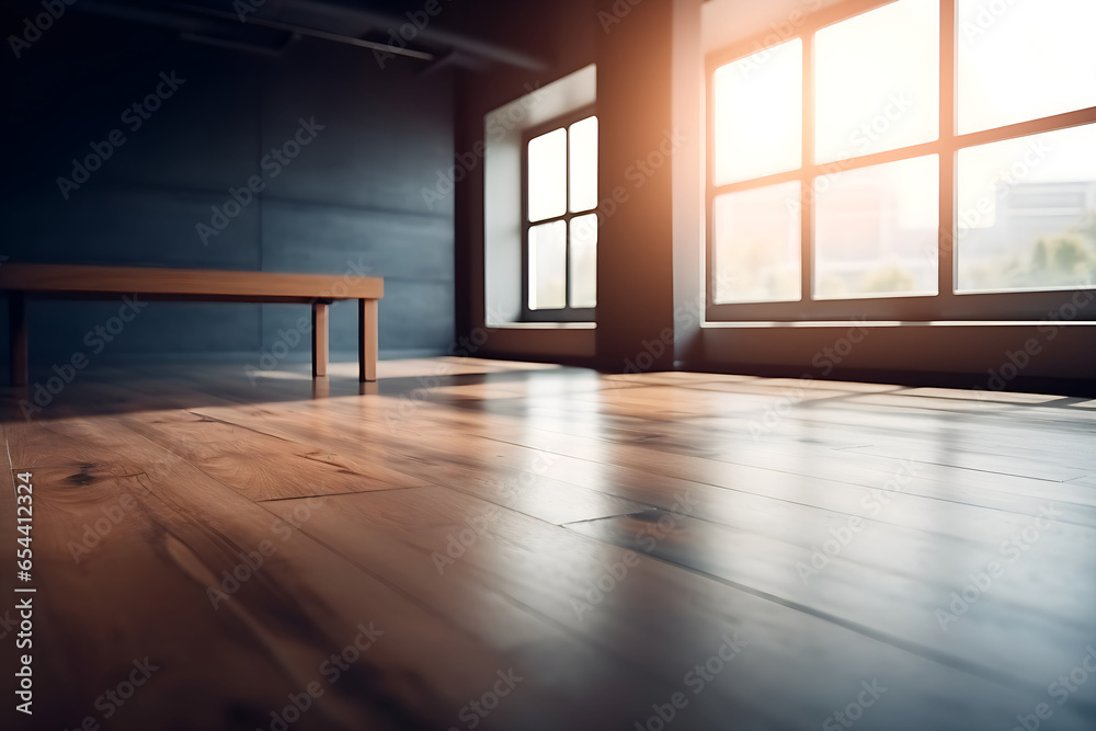 Obraz premium Empty room with unfocused table, window lights, space for text
