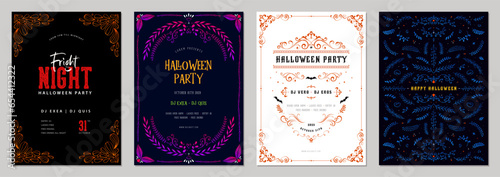 Universal Halloween art templates with scroll and floral elements. For invitation, poster, greeting and business card, banner, brochure, email header, post in social networks, events and page cover.