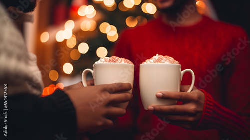 Portrait of a couple holding hot beverage during christmas, coffee cup, cocoa, hot chocolate, Christmas lights and xmas tree in the background, knitted red sweater