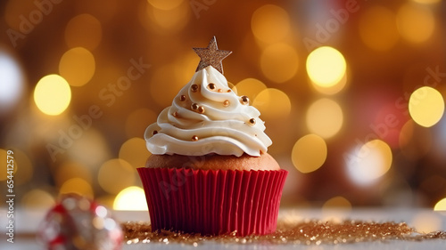 christmas cupcakes, with decorated frosting, icing,  stars, christmas tree in the background, winter pastries, glowing christmas lights, food, desert, whipped cream on top