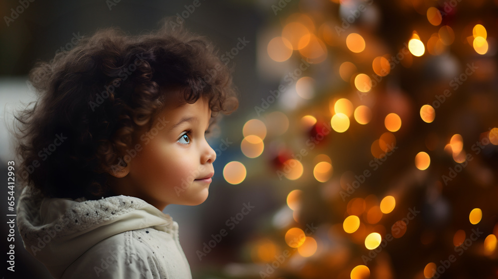 Portrait of a little boy during christmas, looking at christmas tree and ornament, xmas, happy child during winter holidays, family moment, santa, magic, childhood, decoration and ornament Portrait of a little boy during christmas, looking at christmas tree and ornament, xmas, happy child during winter holidays, family moment, santa, magic, childhood, decoration and ornament