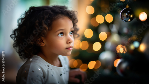 Portrait of a little girl during christmas, looking at christmas tree and ornament, xmas, happy child during winter holidays, family moment, santa, magic, childhood, decoration and ornament