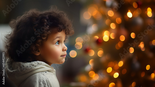 Portrait of a little boy during christmas, looking at christmas tree and ornament, xmas, happy child during winter holidays, family moment, santa, magic, childhood, decoration and ornament