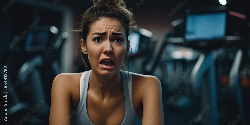 AI Generated. AI Generative. Female young girl woman face portrait at gym fitness sport running expresion background. Sport motivation photo illustration. Graphic Art