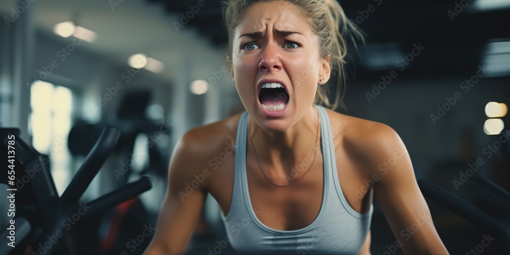 Fototapeta premium AI Generated. AI Generative. Female young girl woman face portrait at gym fitness sport running expresion background. Sport motivation photo illustration. Graphic Art