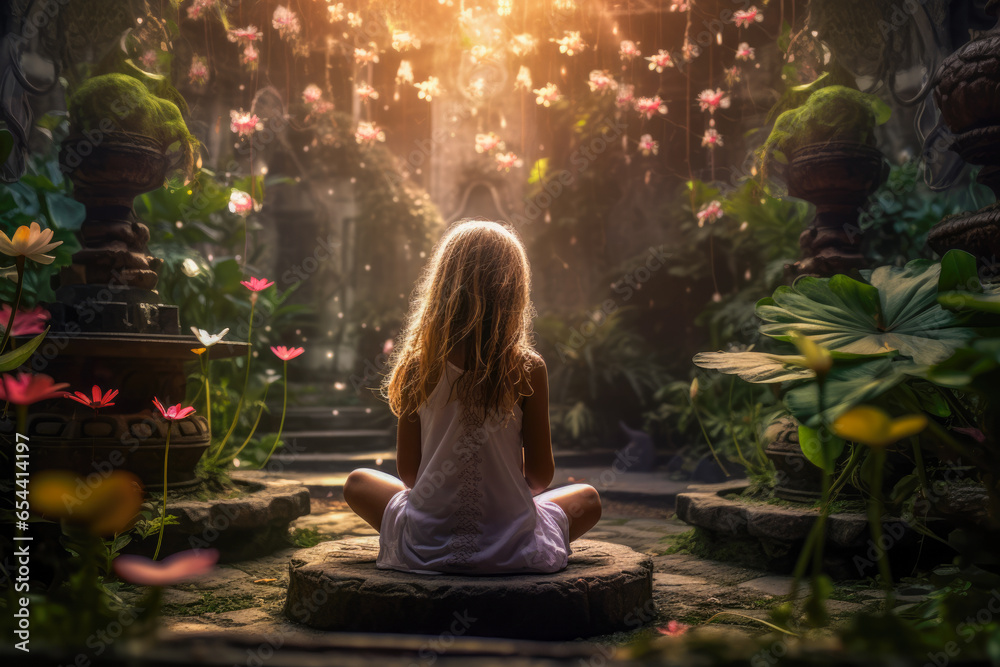 Little girl sitting in lotus position and meditating in the garden