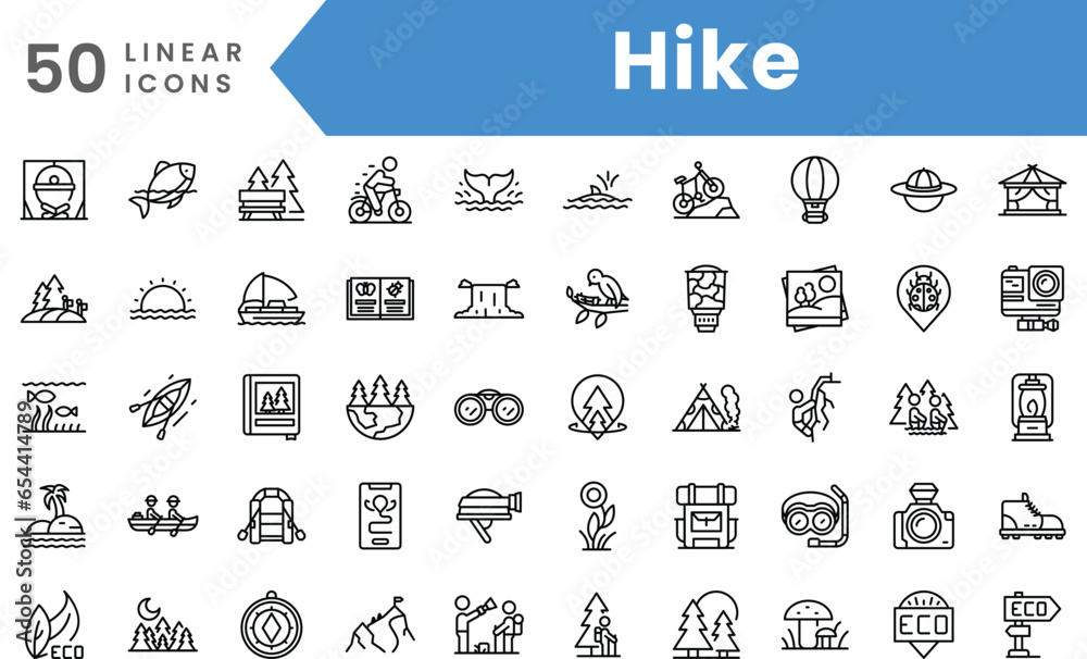 Set of linear Hike icons. Outline style vector illustration