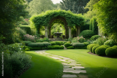 A serene, tranquil garden scene with a variety of shades of green, rendered in a realistic oil painting style. photo