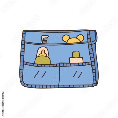 Baby bag with bottle, comb, toy inside of pocket colorful doodle illustration in vector. Maternity bag with baby stuffs inside of pockets colorful icon