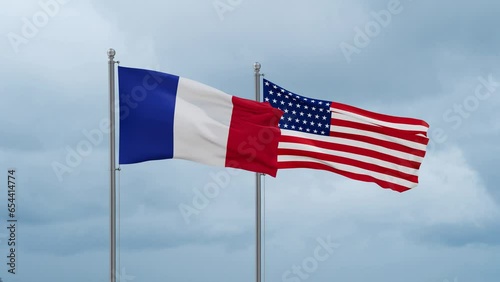 USA and France flag waving together on cloudy sky, endless seamless loop, two country cooperation concept