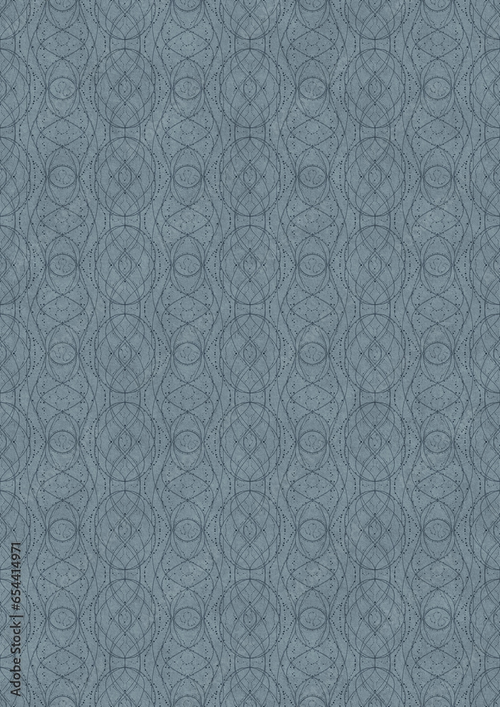 Hand-drawn unique abstract symmetrical seamless ornament. Dark blue on a light blue background. Paper texture. Digital artwork, A4. (pattern: p10-2f)
