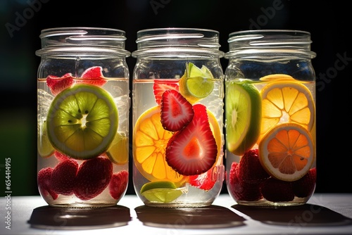 Jars of fruit-infused water. Slices of fresh fruits float elegantly, offering a refreshing and healthy beverage option.