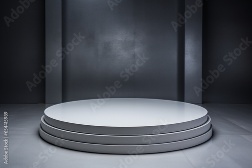 a small round podium white on a dark gray background
