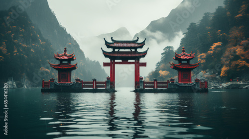 Tori gate is floating in water in a lake in japan - chinese temple of heaven