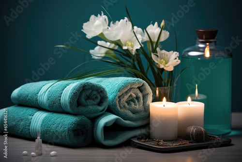 Turquoise towels with jars of cream and candles in the interior of a luxury spa salon