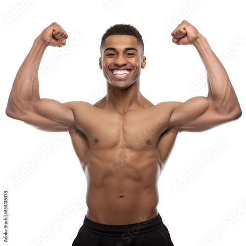 Smiling Male Athlete Flexing Muscle, Sport Empowered and Strong, Isolated on a transparent Background, A Portrait of Determination and Fitness Confidence 
