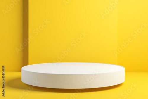  a small round podium white on a yellow background