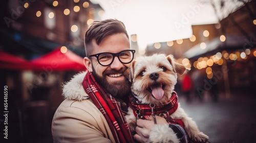 Beard man wearing framed glasses embracing his cute little terrier dog, in red scarf and warm coat, smiling and have fun in outdoor winter street, with copy space.