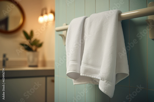 A white towel hangs on the wall in the bathroom