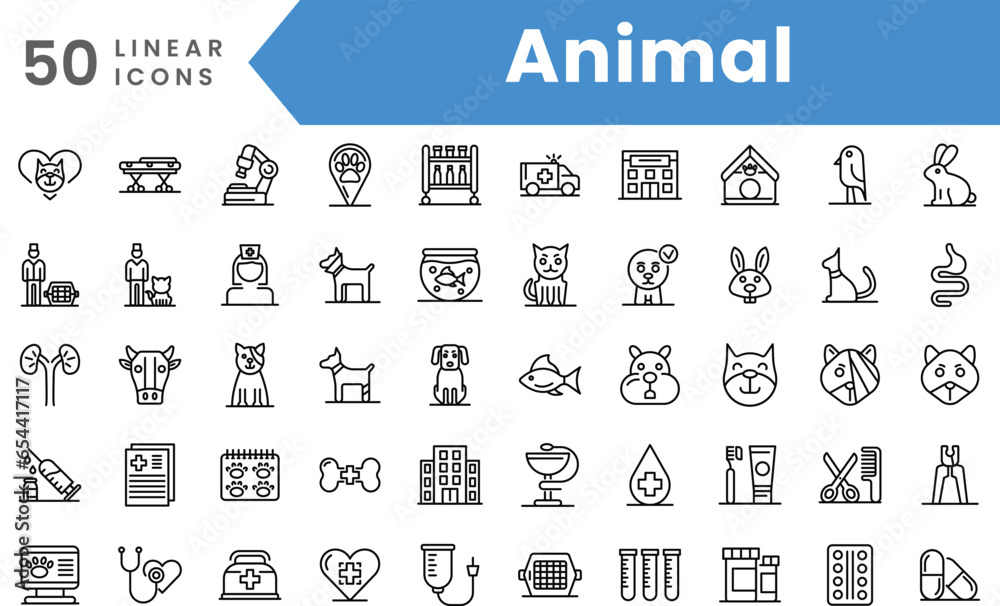 Set of linear Animal icons. Outline style vector illustration - obrazy, fototapety, plakaty 