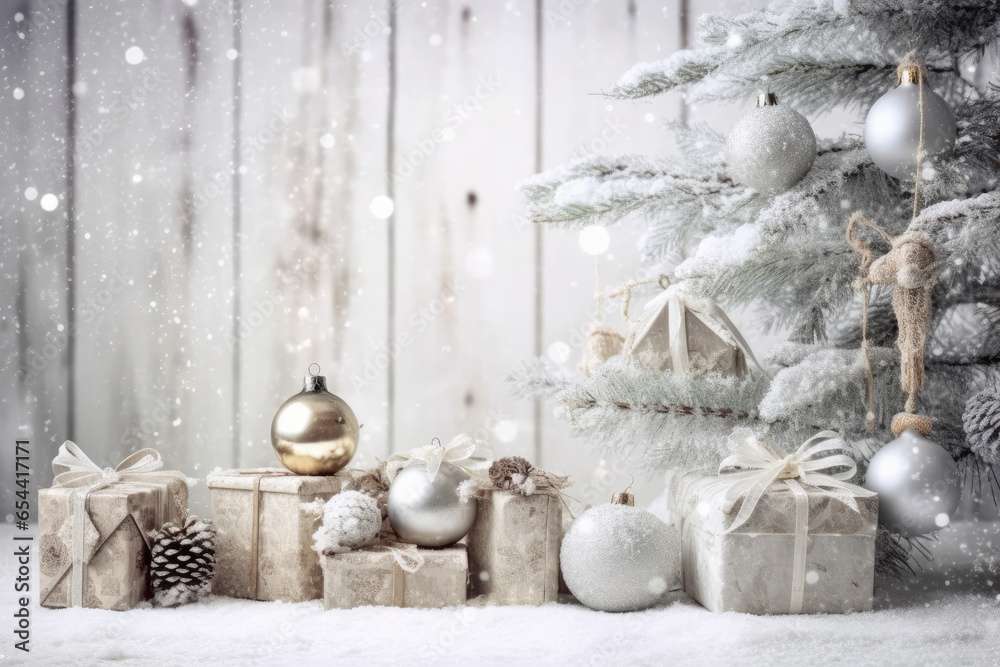 Christmas background with white Christmas tree and decorations