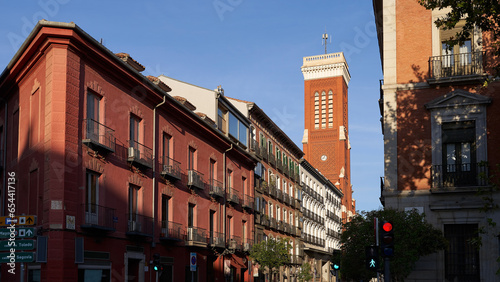 Obraz na płótnie Madrid, Spain. Beautiful Calle de Atocha street with bell tower of thee Church of Santa Cruz w salonie