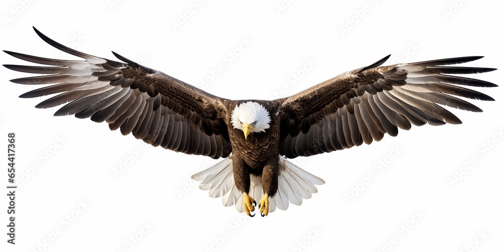 Bald eagle flying swoop hand draw and paint color on white background - obrazy, fototapety, plakaty 