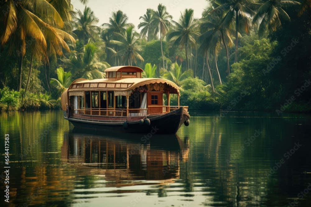 A traditional house boat is anchored on the shores of a fishing lake in Kerala's Backwaters india generative ai - obrazy, fototapety, plakaty 