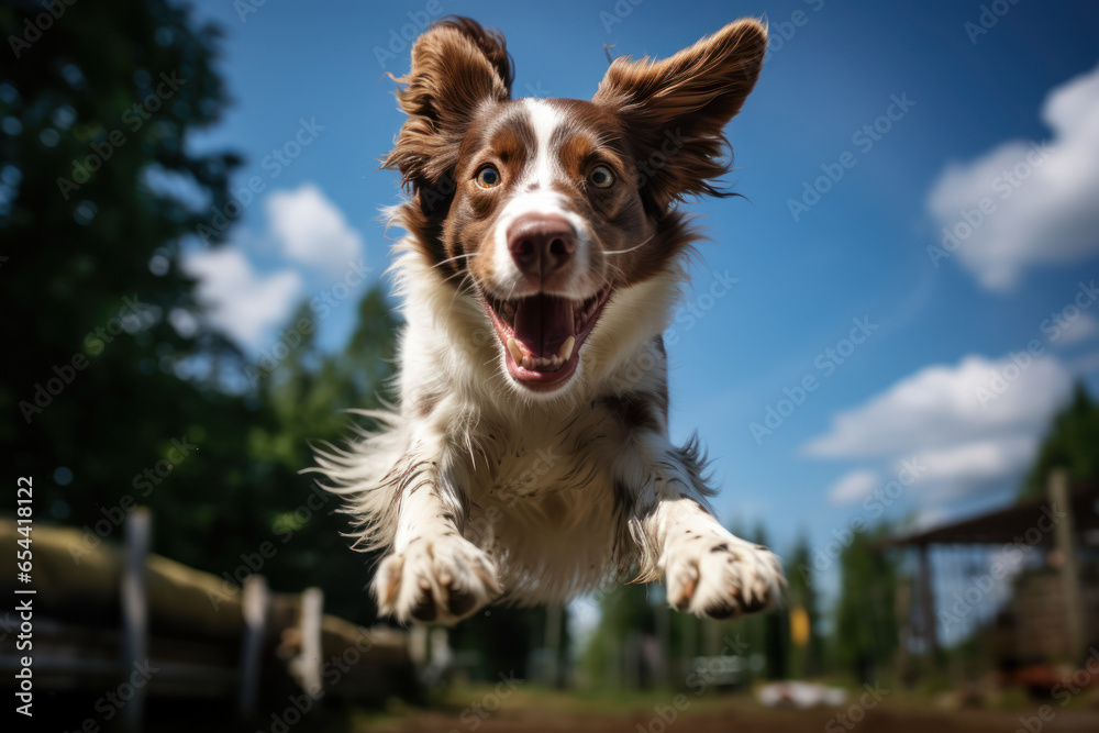 A delighted dog in mid-air, leaping after a frisbee with ears flapping wildly. Concept of canine agility. Generative Ai.