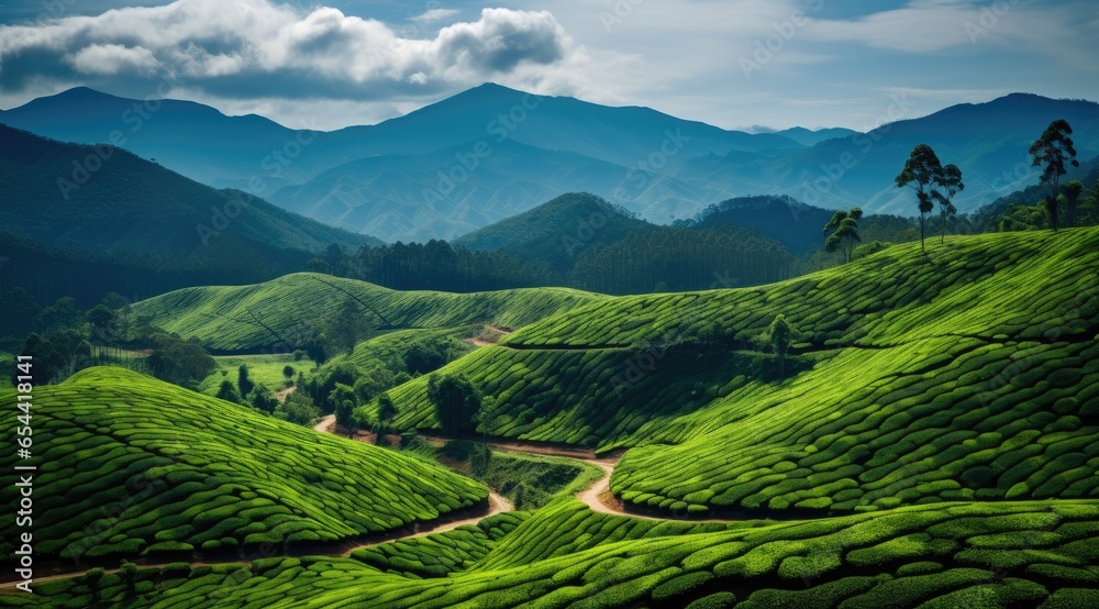 landscape in the mountains Tea plantations in Munnar, Kerala, India tourism photography generative ai 