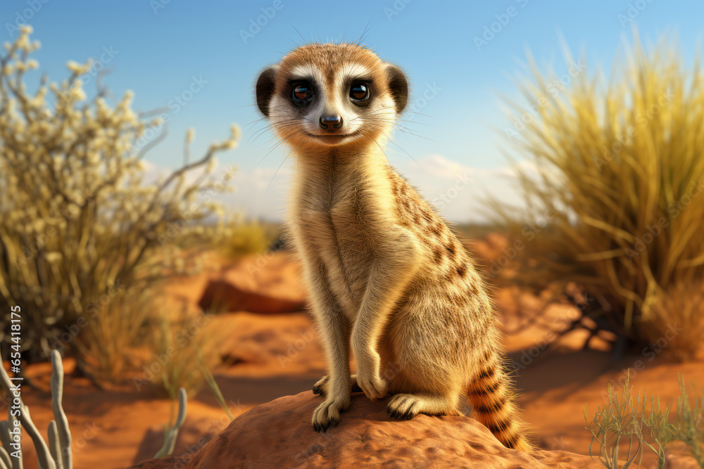 Fototapeta premium A curious meerkat standing tall and vigilant, its comically alert posture contrasting with its tiny size. Concept of meerkat lookout. Generative Ai.