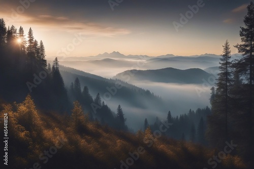 The mystic landscape of mountains and forest in the morning  © FrameFinesse