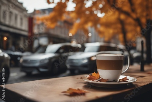 Cup of coffee on the cafe table, with cars and fall autumn leaves, street view