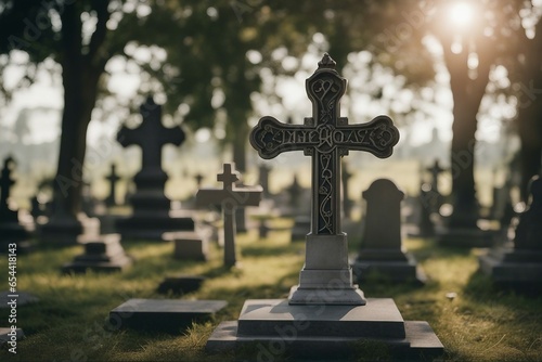 Catholic cemetery with a grave marker and engraved cross at sunset