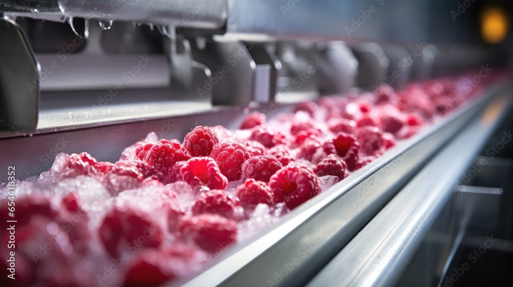 state-of-the-art facility where frozen red raspberries undergo a rigorous sorting and processing journey. Discover the dedication to quality that goes into every frozen berry." - obrazy, fototapety, plakaty 