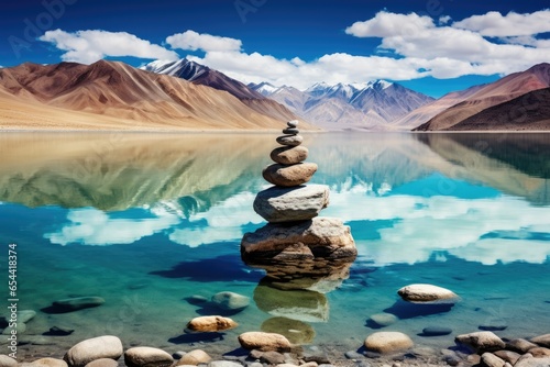 Rocks and reflection of Mountains on Pangong tso( Lake) with blue sky. Leh, Ladakh, Jammu and Kashmir, India generative ai