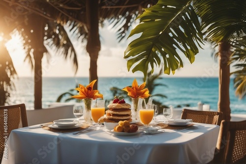 Luxury breakfast table. Beautiful tropical sea sky and breakfast background. Idyllic romantic morning for love couples 