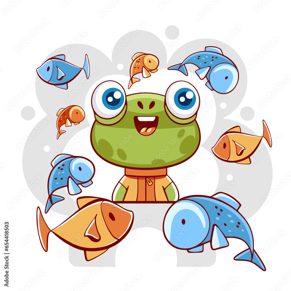 Obraz premium Vector cute frog and fish in cartoon style.