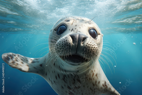 A surprised-looking seal with an open mouth, as if telling an unexpected underwater joke. Concept of underwater humor. Generative Ai. © Sebastian